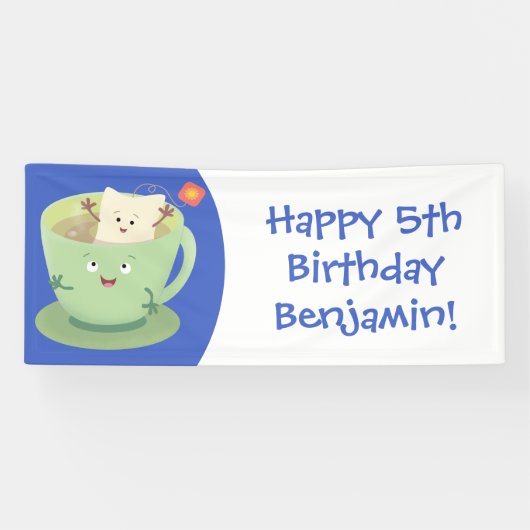 Cute teabag cup cartoon humor spandoek (Horizontaal)