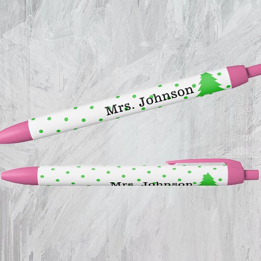 Cute Teacher Name, Green Polka Dots, Tree Zwarte Inkt Pen