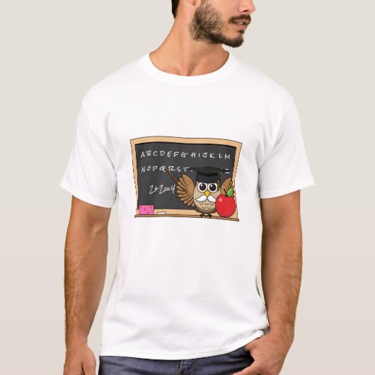 Cute Teacher Owl met Apple Cartoon T-shirt (Voorkant)