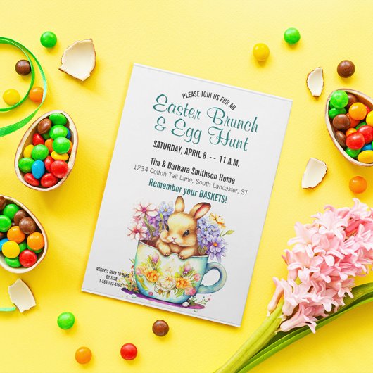 Cute Teacup Bunny Floral Easter Brunch & Egg Hunt Kaart