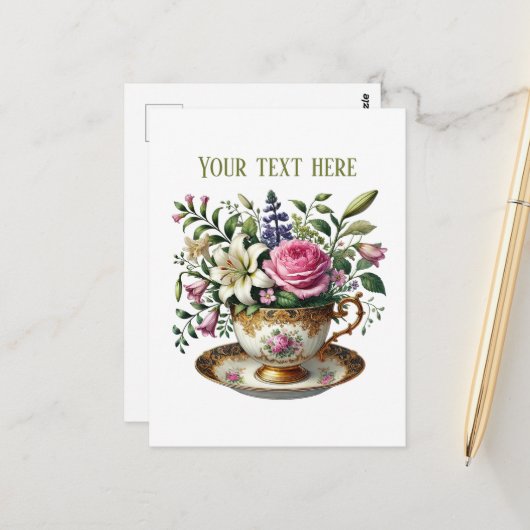 Cute teacup flowers customizable  briefkaart (Voorkant / Achterkant in situ)