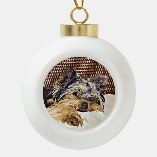 Cute Teacup Yorkie Yorkshire Terrier Digital Art Keramische Bal Ornament (Voorkant)