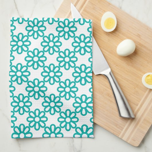 Cute Teal and White Floral Pattern Theedoek (Quarter Fold)