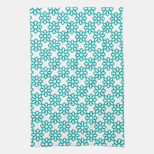 Cute Teal and White Floral Pattern Theedoek (Verticaal)
