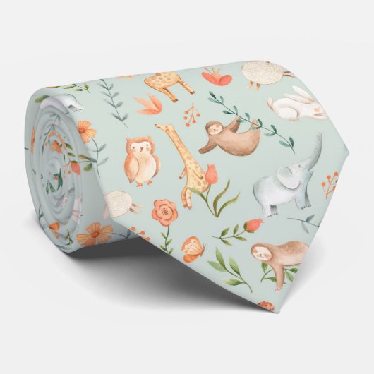 Cute Teal Baby Animal Pastel Pattern Stropdas (Opgerold)