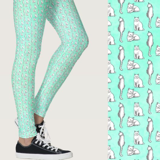 Cute Teal Cats Whimsical Patterned Leggings