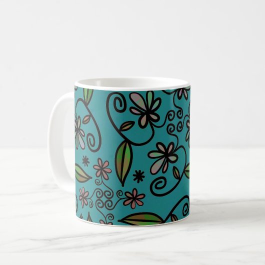 Cute Teal Floral Pattern Koffiemok (Voorkant links)