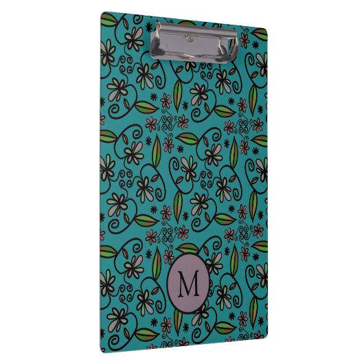 Cute Teal Floral Pattern Monogram Klembord (Rechts)