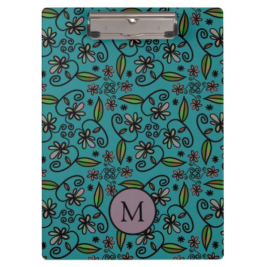 Cute Teal Floral Pattern Monogram Klembord (Voorkant)
