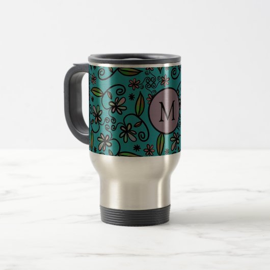Cute Teal Floral Pattern Monogram Reisbeker (Voorkant links)