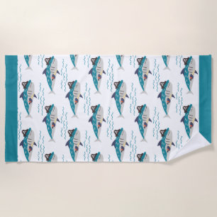 Cute Teal Haai Piraat Golven Naadloos Patroon Kind Strandlaken