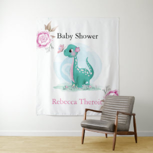 Cute Teal Roze Dinosaurus Baby Shower Achtergrond Wandkleed