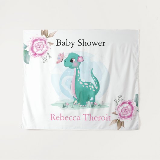 Cute Teal Roze Dinosaurus Baby Shower Achtergrond Wandkleed (Voorkant (horizontaal))