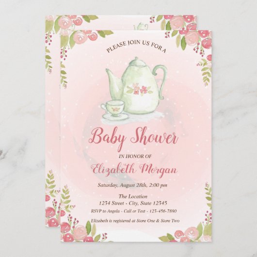 Cute Teapot Floral Baby shower Invitation Kaart (Voorkant / Achterkant)