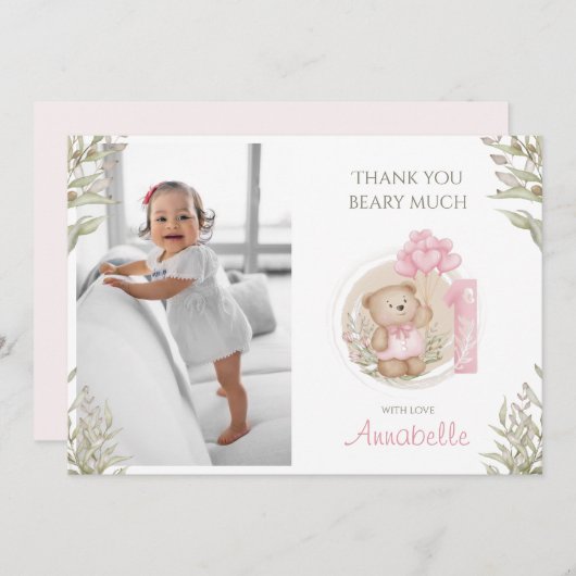 Cute Teddy Bear | 1e verjaardag | Foto Bedankkaart (Voorkant / Achterkant)