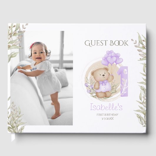 Cute Teddy Bear 1st Birthday Foto Guest Book Gastenboek (Voorkant)