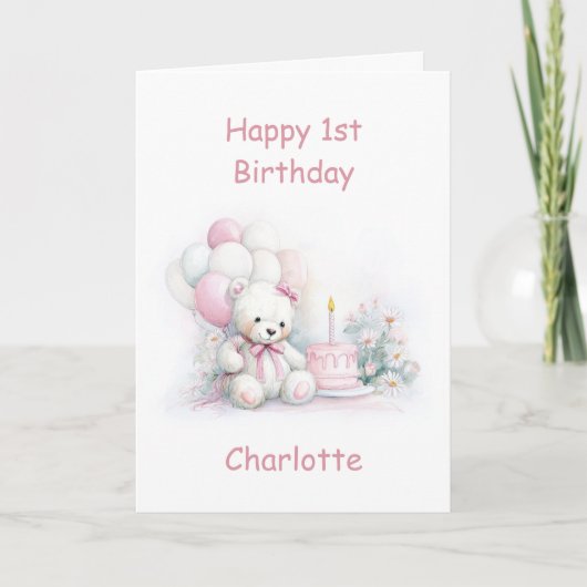 Cute Teddy Bear 1st Birthday Kaart (Voorkant)