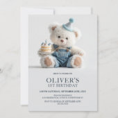 Cute Teddy Bear 1st Birthday Party Invitation Kaart (Voorkant)
