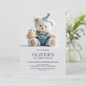 Cute Teddy Bear 1st Birthday Party Invitation Kaart (Staand voorkant)