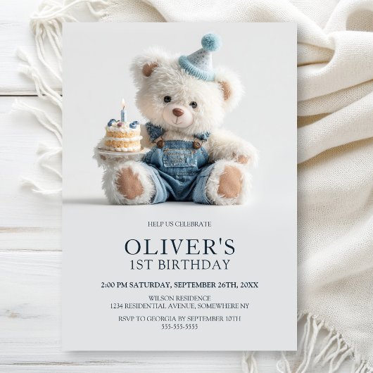 Cute Teddy Bear 1st Birthday Party Invitation Kaart