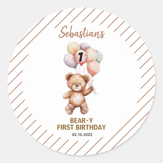 Cute Teddy Bear 1st Birthday | Sweet Bear Ronde Sticker (Voorkant)