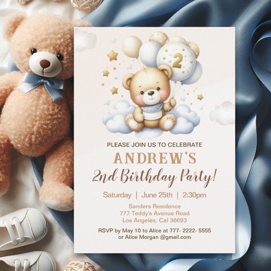 Cute Teddy Bear 2nd Birthday for Boy Kaart