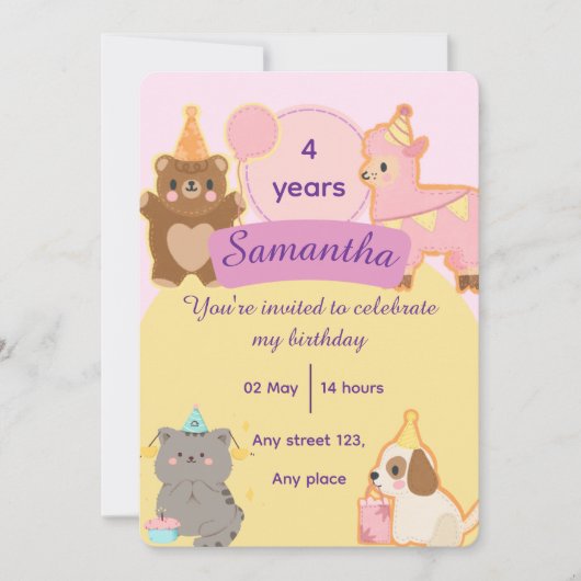 Cute Teddy Bear 4th Birthday Editable Template Kaart (Voorkant)