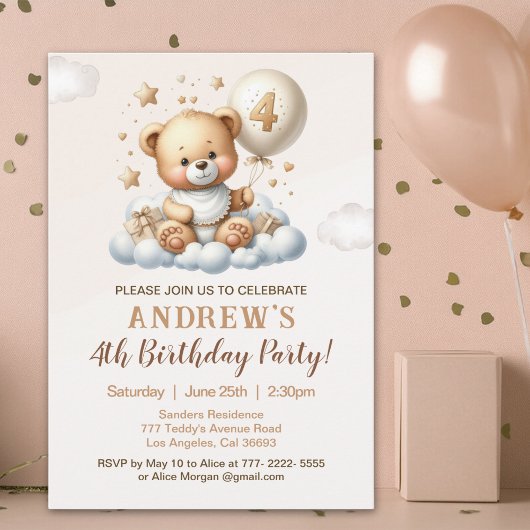 Cute Teddy Bear 4th Birthday Party Celebration Kaart