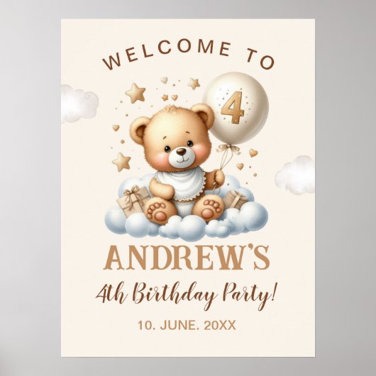 Cute Teddy Bear 4th Birthday Wall Decoration Poster (Voorkant)