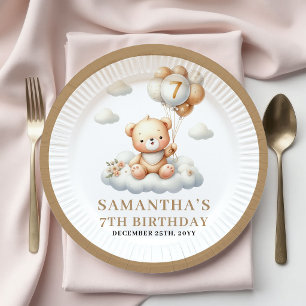 Cute Teddy Bear 7e Verjaardag Gouden Feestplaten Papieren Bordje