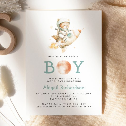 Cute Teddy Bear Astronaut Boy Baby Shower Kaart