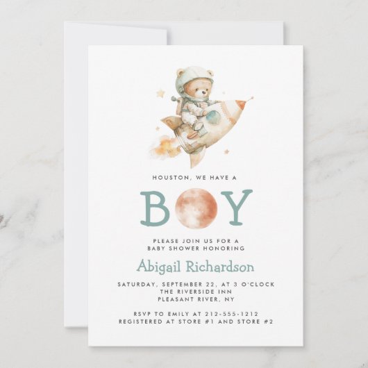 Cute Teddy Bear Astronaut QR Code Boy Baby Shower Kaart (Voorkant)