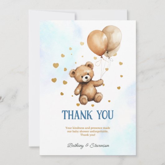 Cute Teddy Bear Baby Boy Shower Bedankkaart (Voorkant)