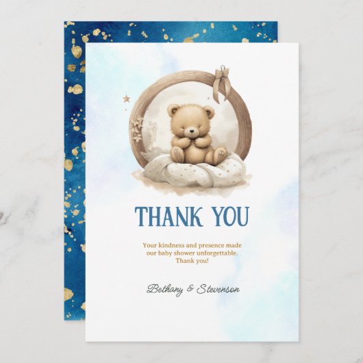 Cute Teddy Bear Baby Boy Shower Bedankkaart (Voorkant / Achterkant)