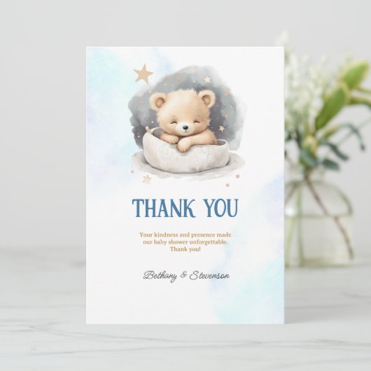 Cute Teddy Bear Baby Boy Shower Bedankkaart (Staand voorkant)