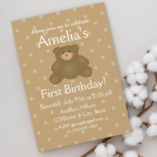 Cute Teddy Bear Baby First Birthday Invitation Kaart