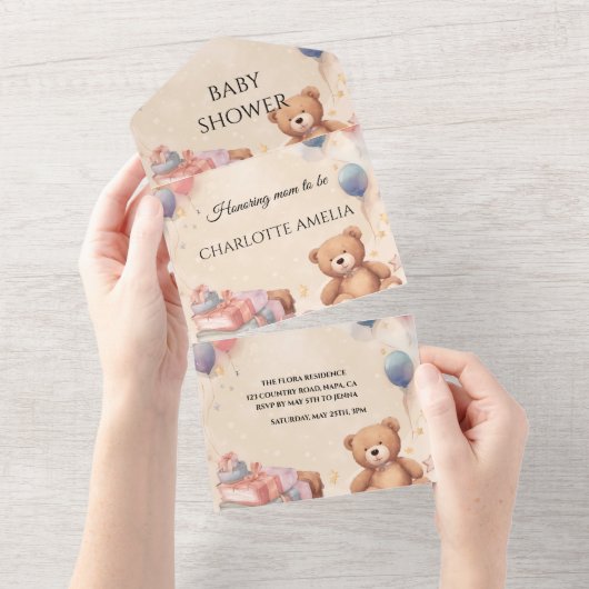 Cute Teddy Bear Baby shower All In One Uitnodiging (Afscheurbaar)