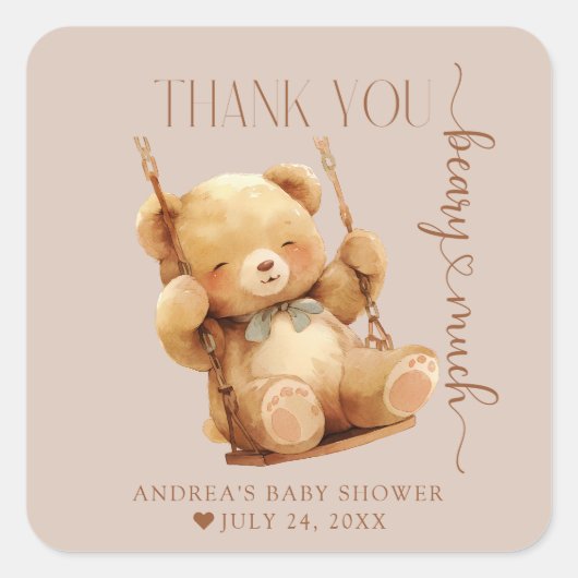 Cute Teddy Bear Baby shower Dank je Vierkante Sticker (Voorkant)