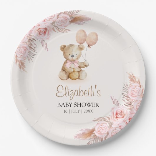 Cute Teddy Bear Baby Shower Girl Papieren Bordje (Voorkant)