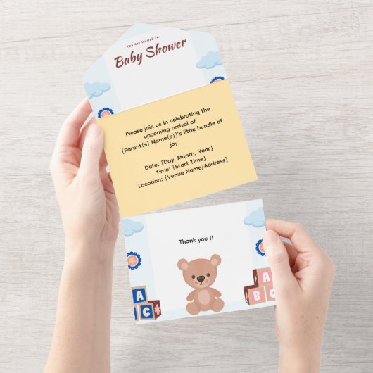 Cute Teddy Bear Baby shower Invitation All In One Uitnodiging (Afscheurbaar)