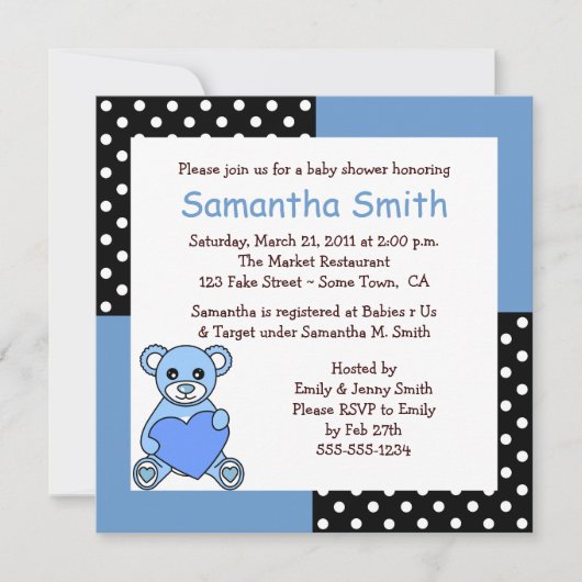 Cute Teddy Bear Baby shower Invitation Blue Black Kaart (Voorkant)
