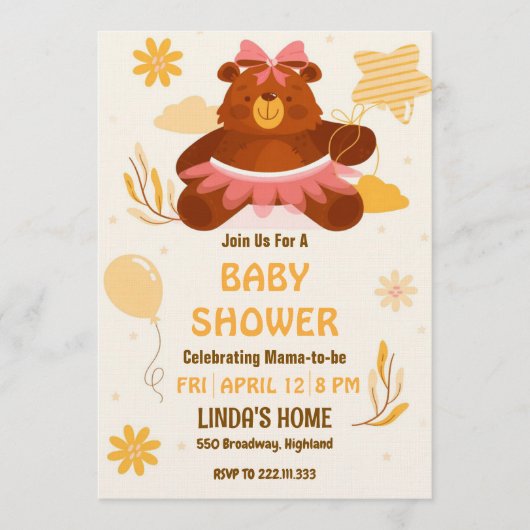 Cute Teddy Bear Baby Shower Invitation for Girl Kaart (Voorkant)