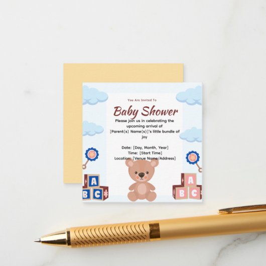 Cute Teddy Bear Baby shower Invitation Informatiekaartje (Voorkant / Achterkant in situ)