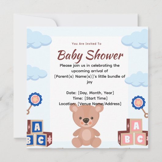 Cute Teddy Bear Baby shower Invitation Kaart (Voorkant)