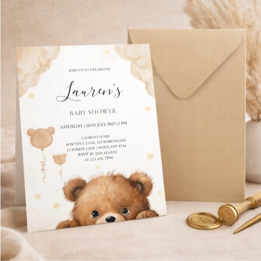 Cute Teddy Bear Baby Shower Invitation Kaart