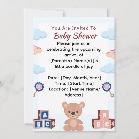 Cute Teddy Bear Baby shower Invitation Kaart (Voorkant)