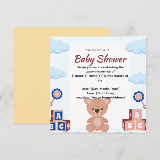 Cute Teddy Bear Baby shower Invitation Save The Date (Voorkant / Achterkant)