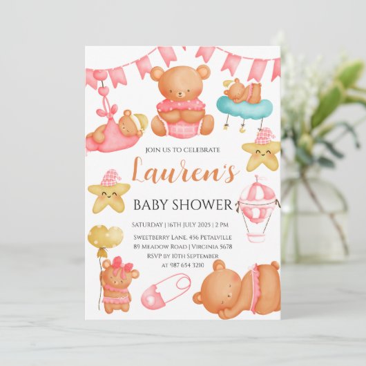 Cute Teddy Bear Baby Shower Pink Girl  Kaart (Staand voorkant)