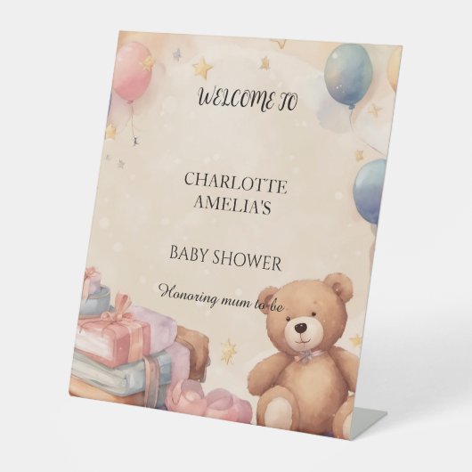 Cute Teddy Bear Baby shower Reclamebord Met Voetstuk (Voorkant)