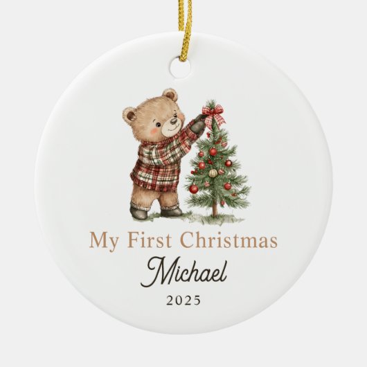 Cute Teddy Bear Baby's Eerste Kerstmis Keramisch Ornament (Voorkant)